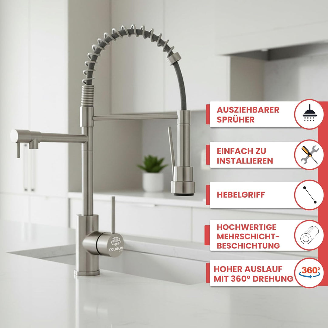 Küchenarmatur Einhebelmischer, Ausziehbar, Edelstahl 304, 2 Wassermodi (Spray/Durchfluss), 360° dreh