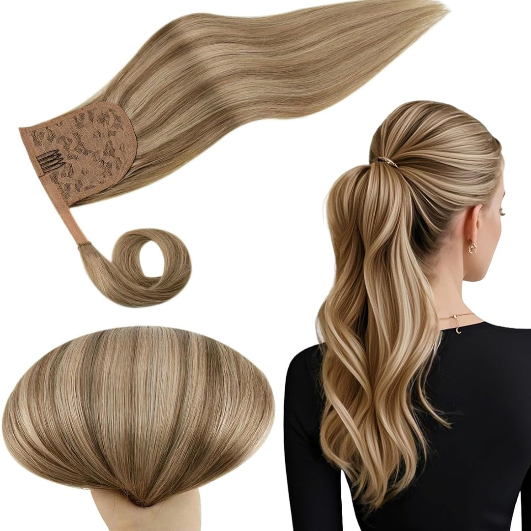 RUNATURE Echthaar Zopf Extensions Blond mit Goldblondine Clip in Zopf Extension Echthaar 70g Pferdes