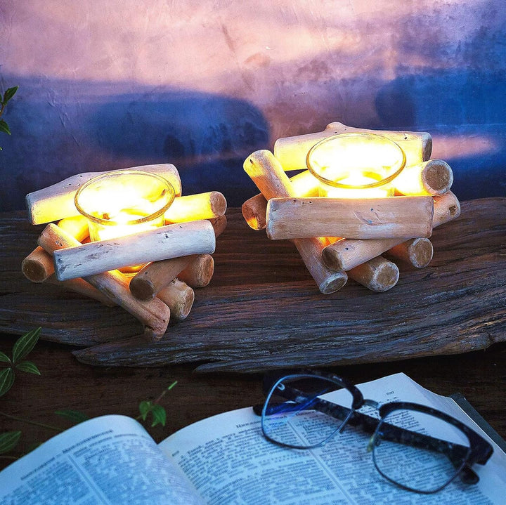 Sziqiqi Rustikale Kerzenständer Teelichthalter Holz 2er Set, Kerzenhalter Vintage mit Glas Tasse Win