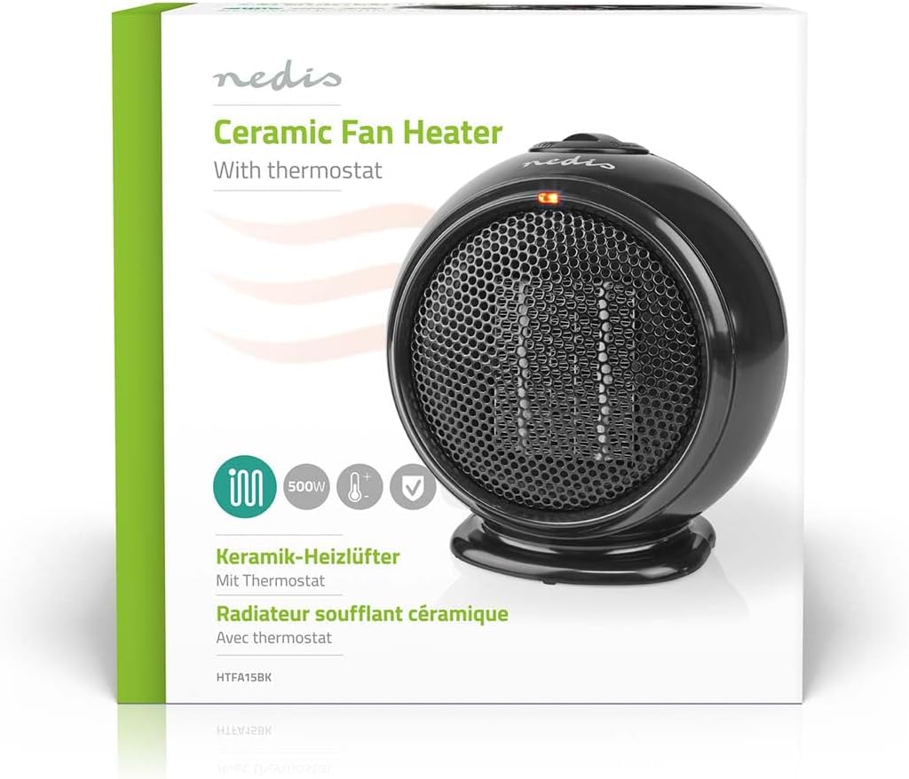 NEDIS HTFA15BK Keramik-PTC-Heizlüfter 500 W 1 Heizmodus Verstellbares Thermostat Überhitzungsschutz