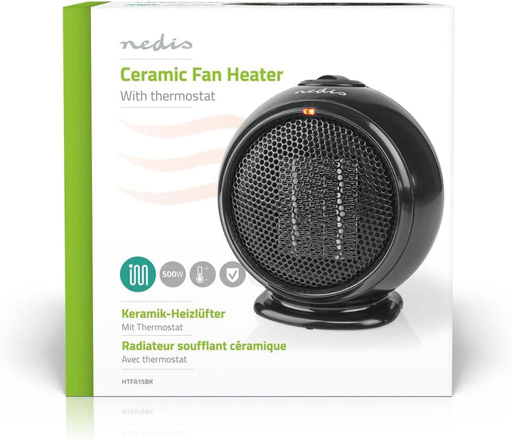 NEDIS HTFA15BK Keramik-PTC-Heizlüfter 500 W 1 Heizmodus Verstellbares Thermostat Überhitzungsschutz