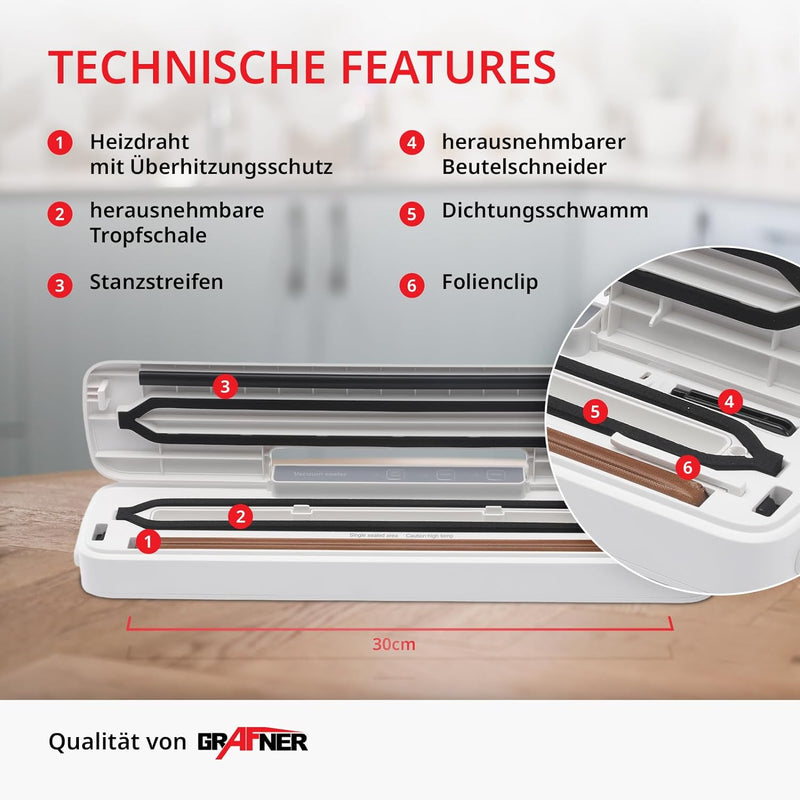 Grafner Vakuumierer mit 30 cm Naht, inkl. 10 Vakuumierbeutel und Folienschneider, mit entnehmbarer T