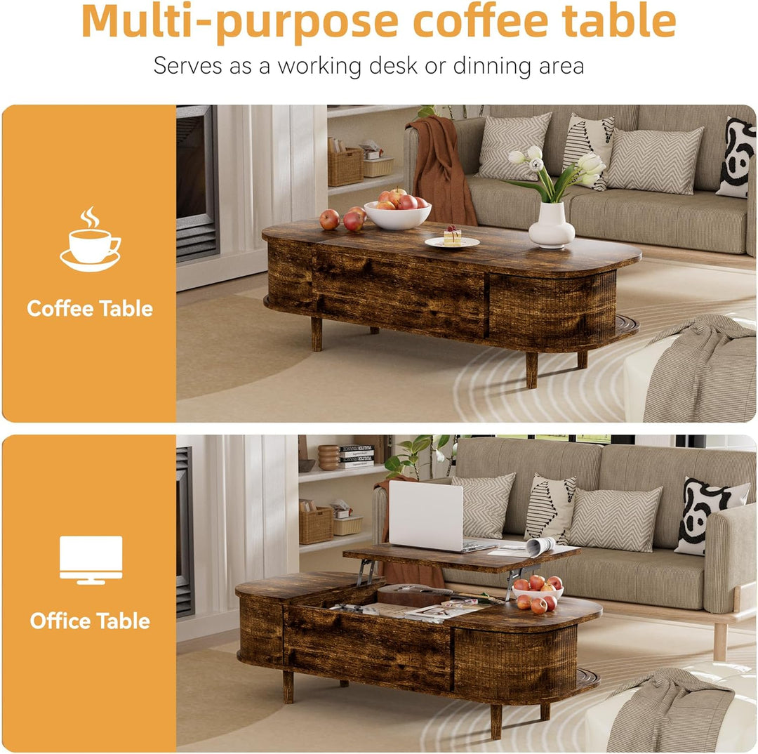 Couchtisch mit Hebeplatte – Moderner Holztisch mit Einzigartiger Textur & Verstecktem Stauraum, Kaff