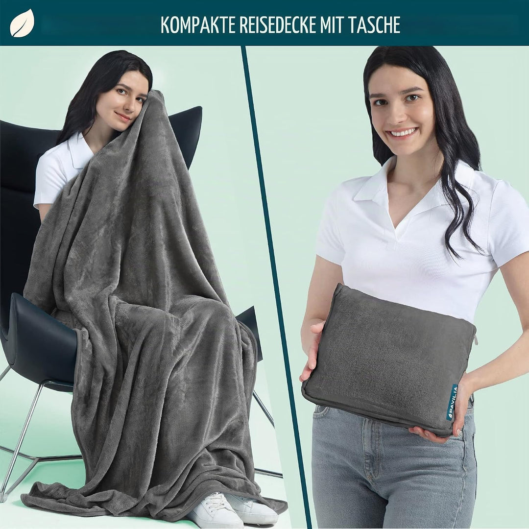 PAVILIA Reisedecke und -kissen, Doppelreissverschlüsse, Clip-Band, warmes, weiches Fleece, 2-in-1-Ko