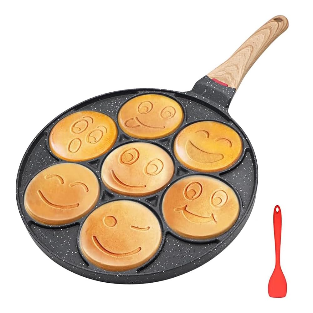 Bobikuke Smiley Pancake Pfanne, Antihaft Pancake Maker 7 Löcher Spiegelei-Pfanne für Kinder, 26 cm (