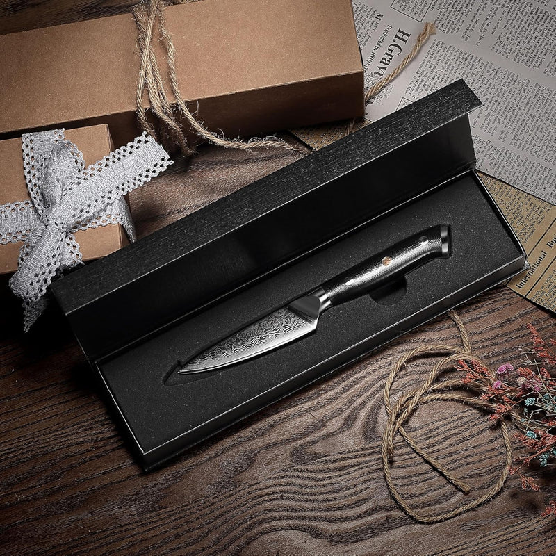 PAUDIN Damastmesser 9 cm – Gemüsemesser Schälmesser Obstmesser – VG10 Profi-Küchenmesser mit schwarz
