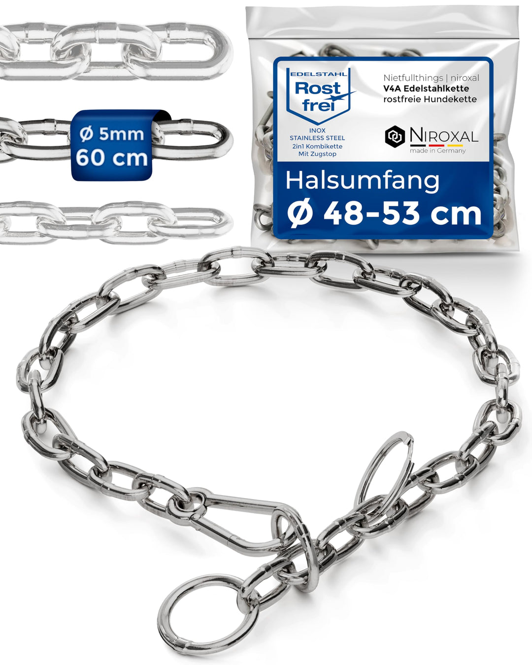 Kombikette für Hunde mit Halsumfang Ø 48-53cm aus Edelstahl V4A Hundekette mit Zugstop Kettenhalsban