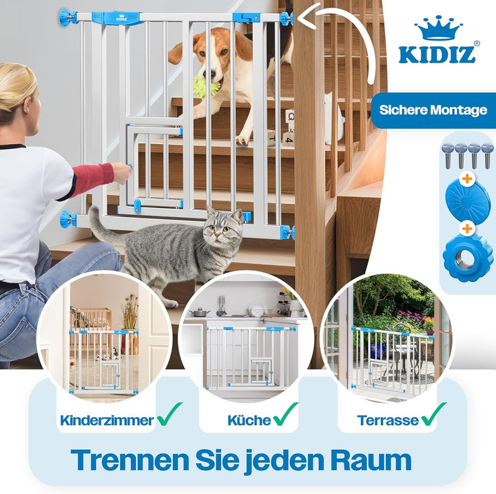 KIDIZ® Türschutzgitter Absperrgitter Treppengitter Kindergitter | mit Türe für Hunde und Katzen, Hau