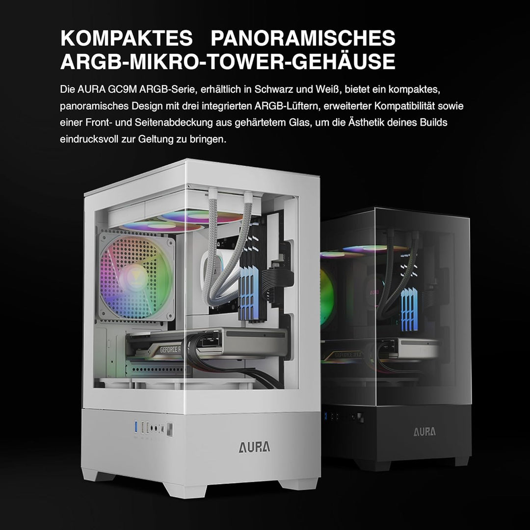 GAMDIAS Aura GC9M ARGB WH M-ATX Micro Tower PC-Gehäuse, Nahtloses Seitenteil aus Gehärtetem Glas, 3