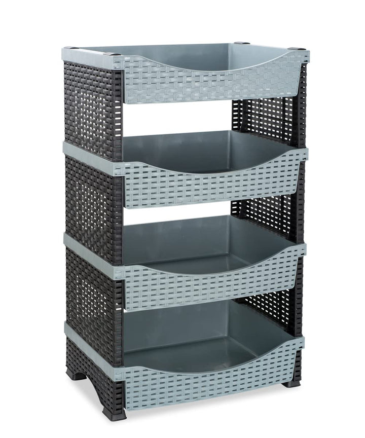 F&S Gemüseständer Regal Trolley Obstregal aus Kunststoff Rattanoptik Rattanlook mit 4 Etagen (Model