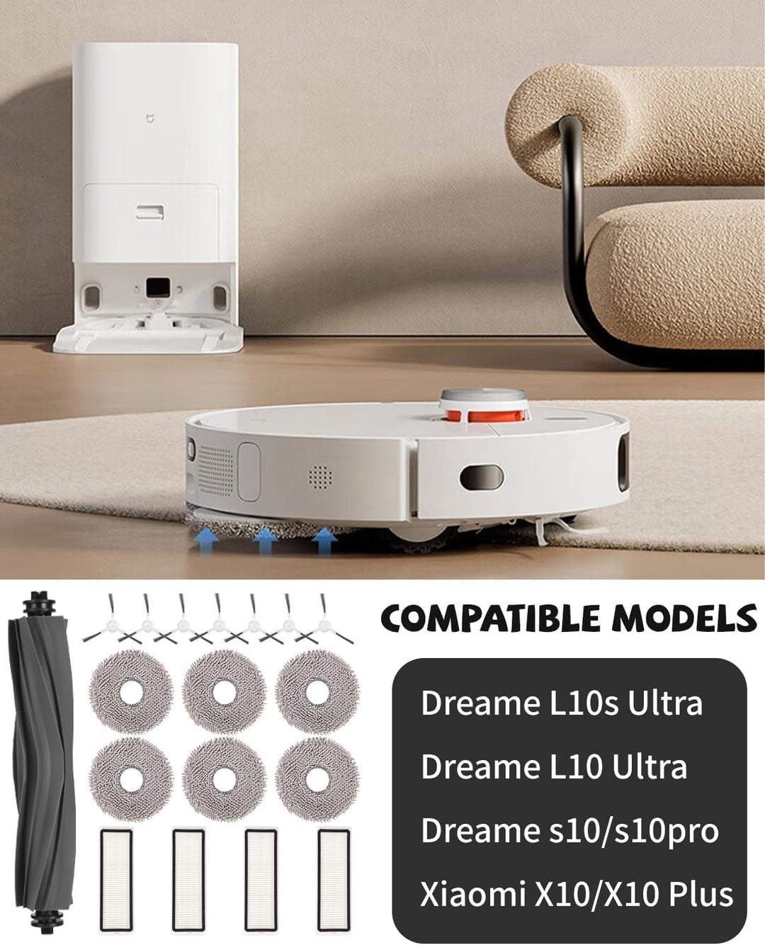 Ersatzteile Zubehörset für Dreame L10s Ultra / L10 Ultra Saugroboter, 1 Hauptbürste, 7 Seitenbürsten