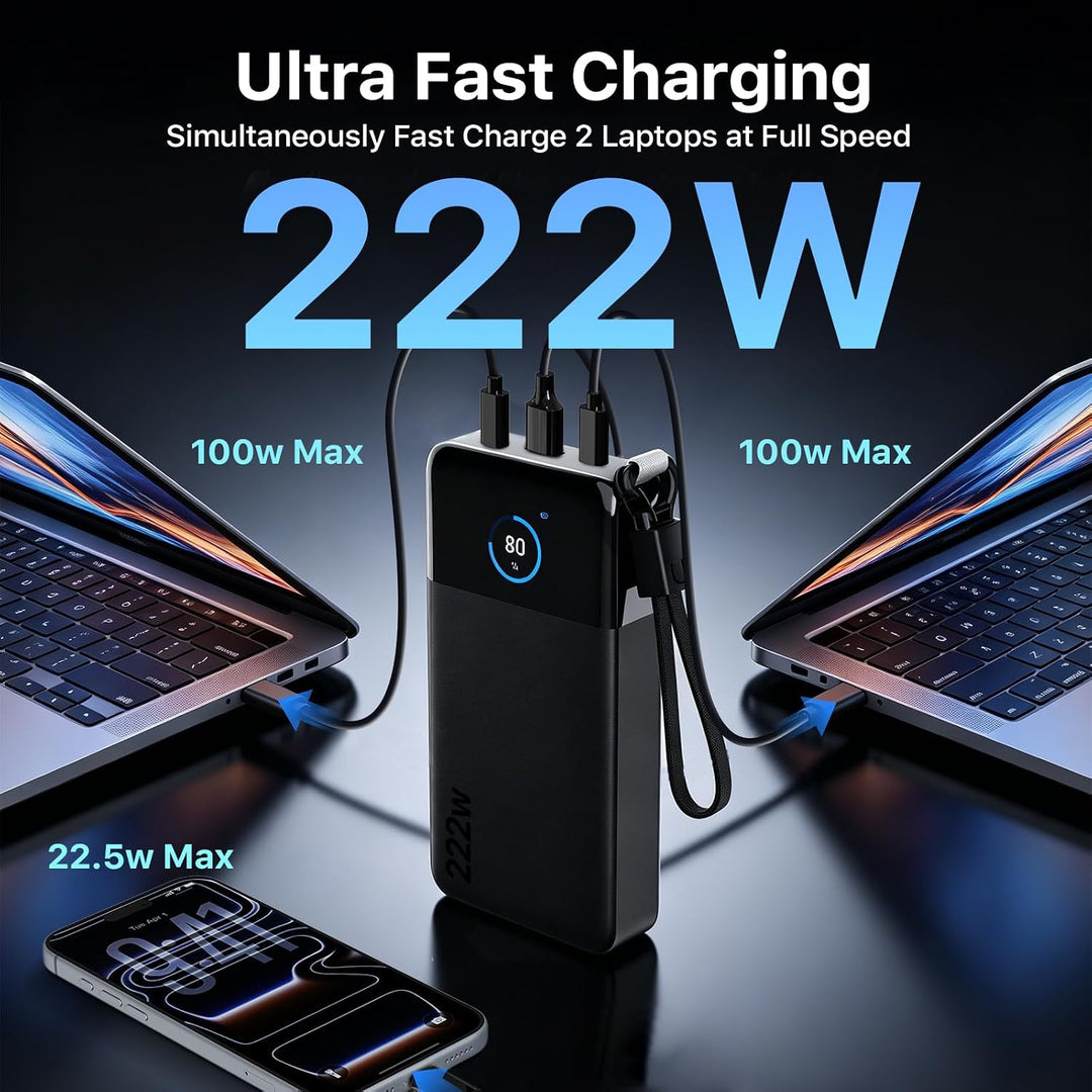 NOBIS 222W 25.000 mAh PD Schnelllade Power Bank mit Lanyard-Kabel | Smart Digitalanzeige, 3 Ausgänge