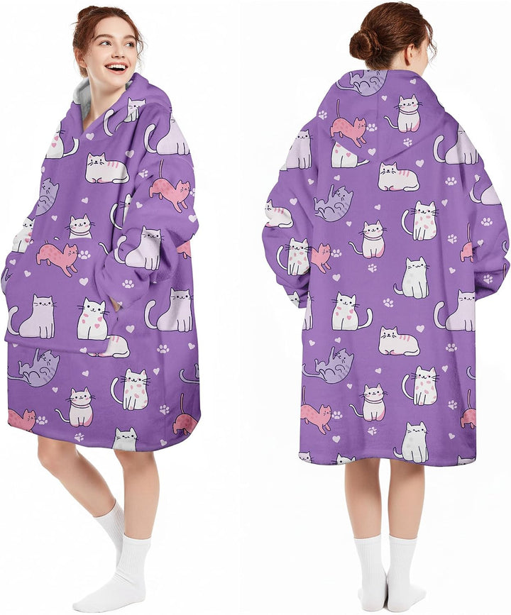 Hoodie Decke Oversize Katze Lila mit Ärmeln Kuscheldecke Deckenpullover für Damen Herren, Tragbare D