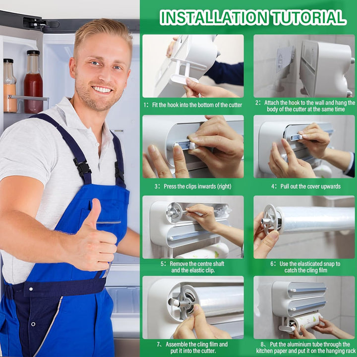 3 in 1 Frischhaltefolienspender mit Küchenrollenhalter, Folienspender mit Cutter, Küchenrollenhalter