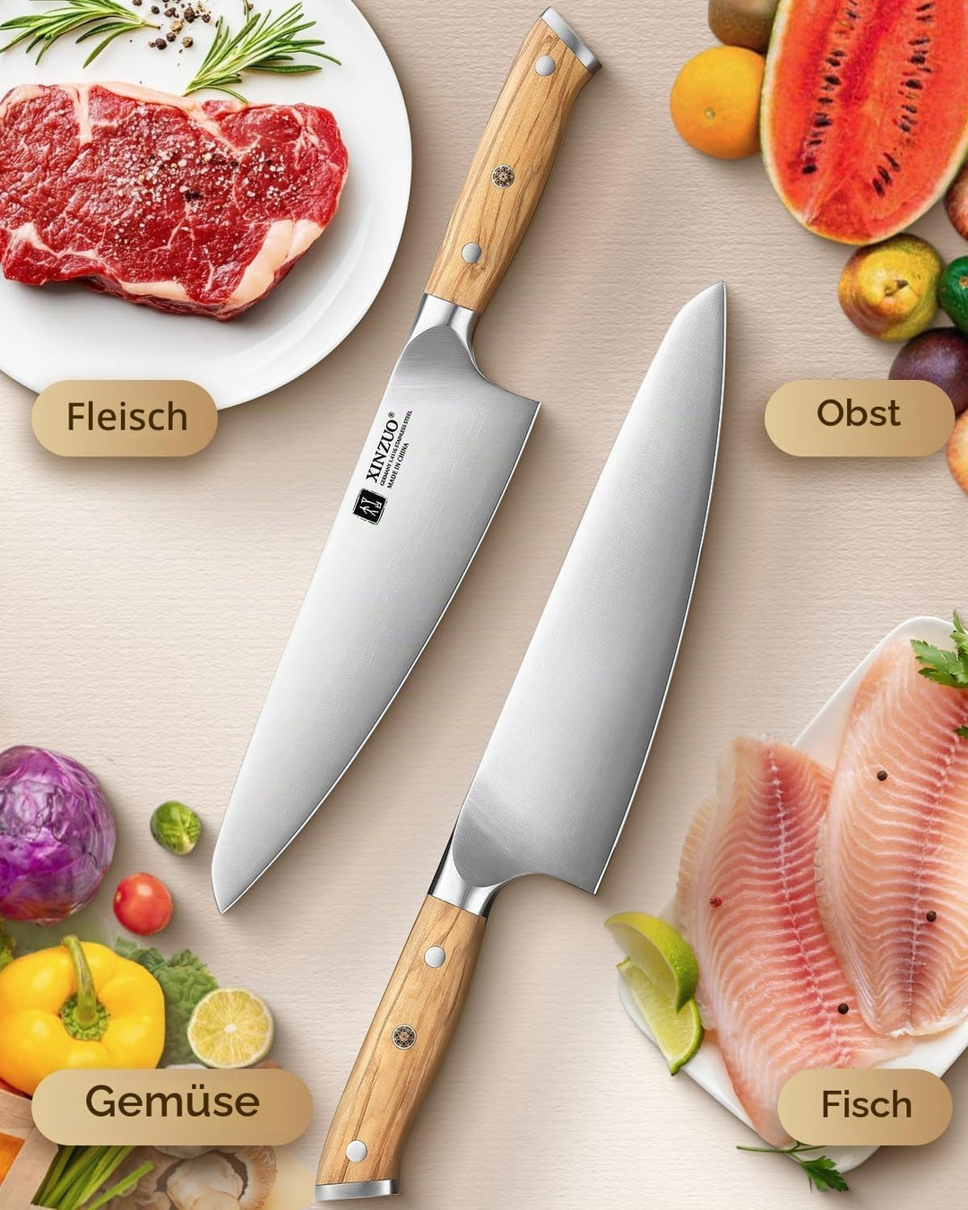 XINZUO Edelstahl 21cm Kochmesser -Profi Geschmiedet Scharf Chefmesser Deutschem 1.4116 Edelstahl Küc