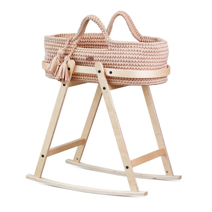 LIINI® Babywiege mit Moseskorb (Mokka) – sanfte Wiegebewegung, handgehäkelt, nachhaltiges Holzgestel
