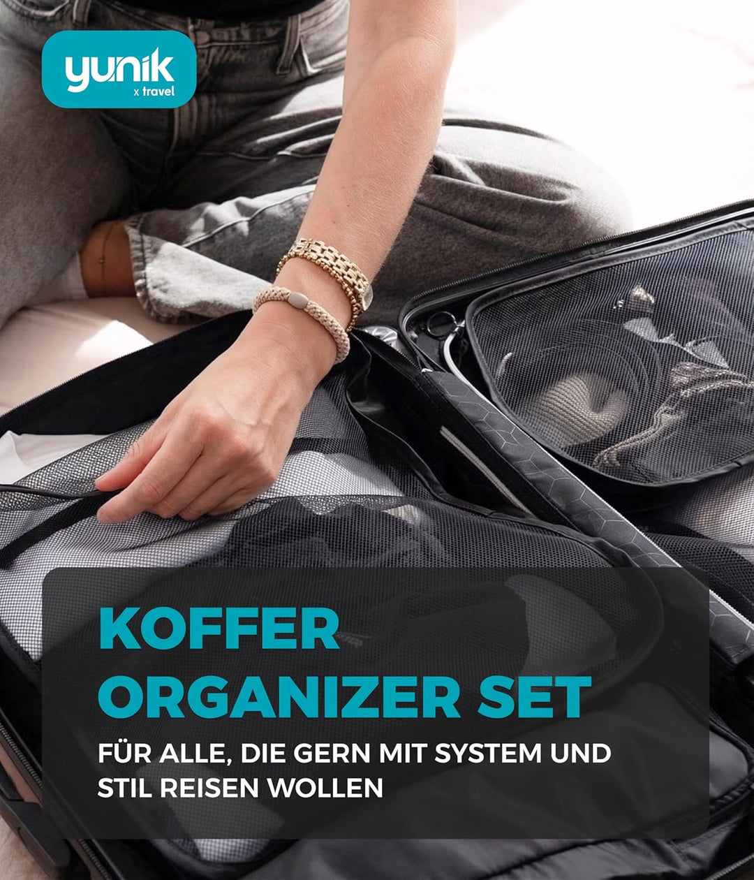 Yunik® Koffer Organizer Set 8-teilig schwarz – Kompressionstaschen für Kleidung, Schuhe &amp; Technik –