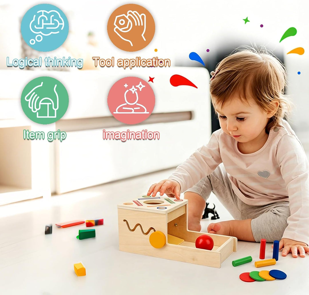 Montessori Objektpermanenz Box, Motorikspielzeug ab 1 Jahr | 4-in-1 Holzspielzeug mit Farben- und Fo