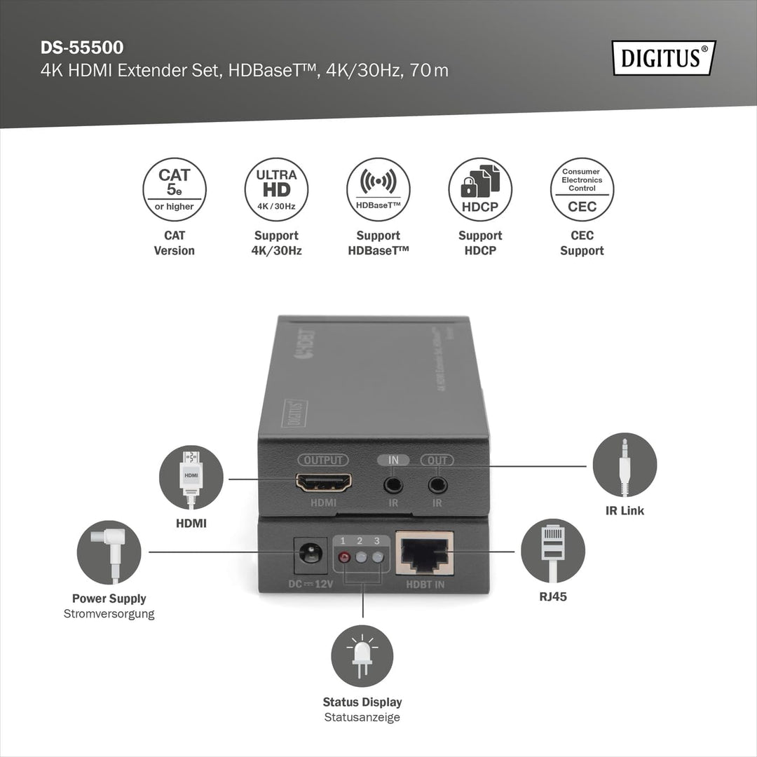 DIGITUS HDMI-Extender - 4K/30Hz - Sender & Empfänger - HDBaseT - HDCP 2.2 - Reichweite bis 70m - Pat