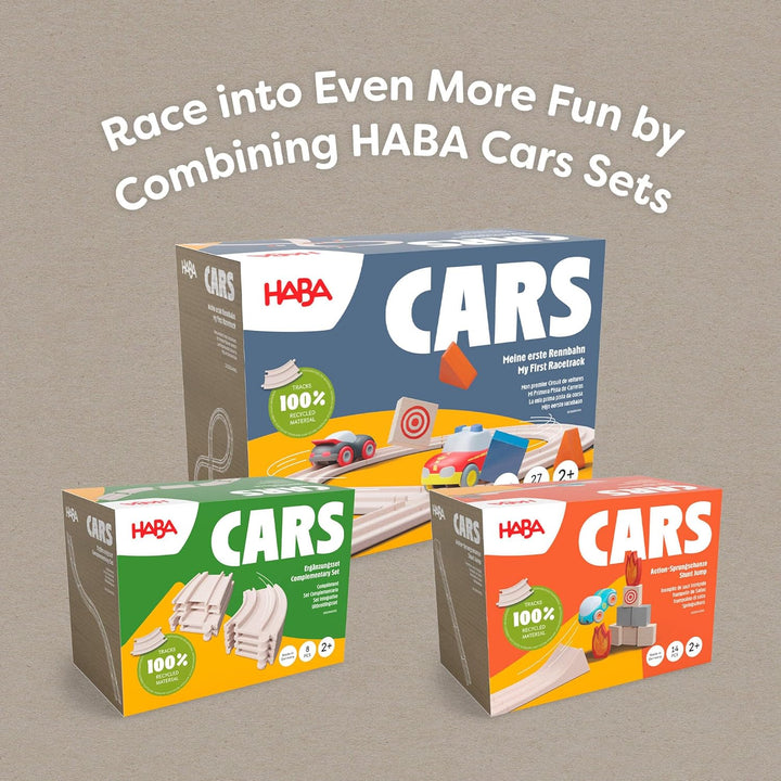 HABA Cars Ergänzungsset – 8 Schienen aus recyceltem Holz und Kunststoff – Extragrosse, einfach zu ve