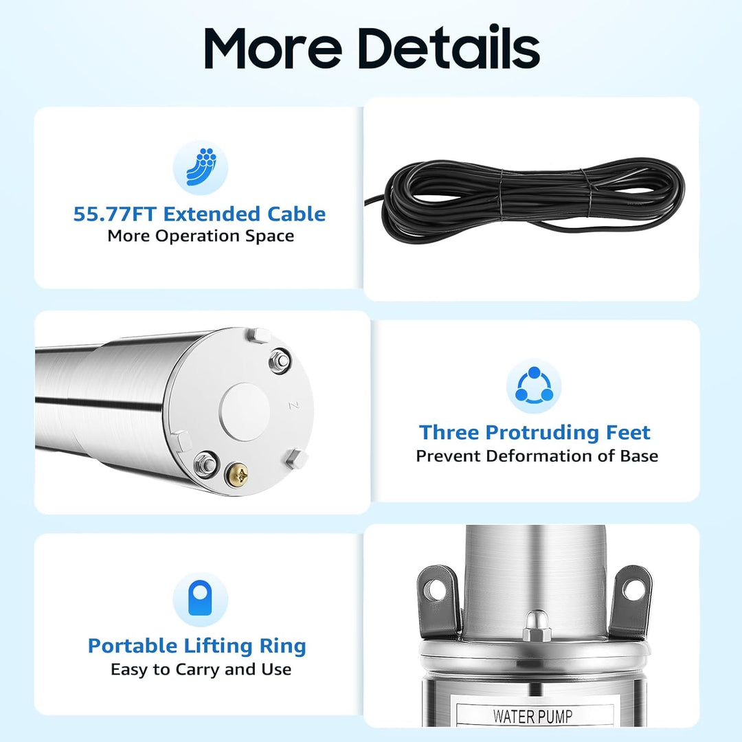 Tauchpumpe Edelstahl Wasserpumpen 1.2m³/h Fördermenge 180W 12V Brunnenpumpe Tauchbrunnenpumpe Kabell