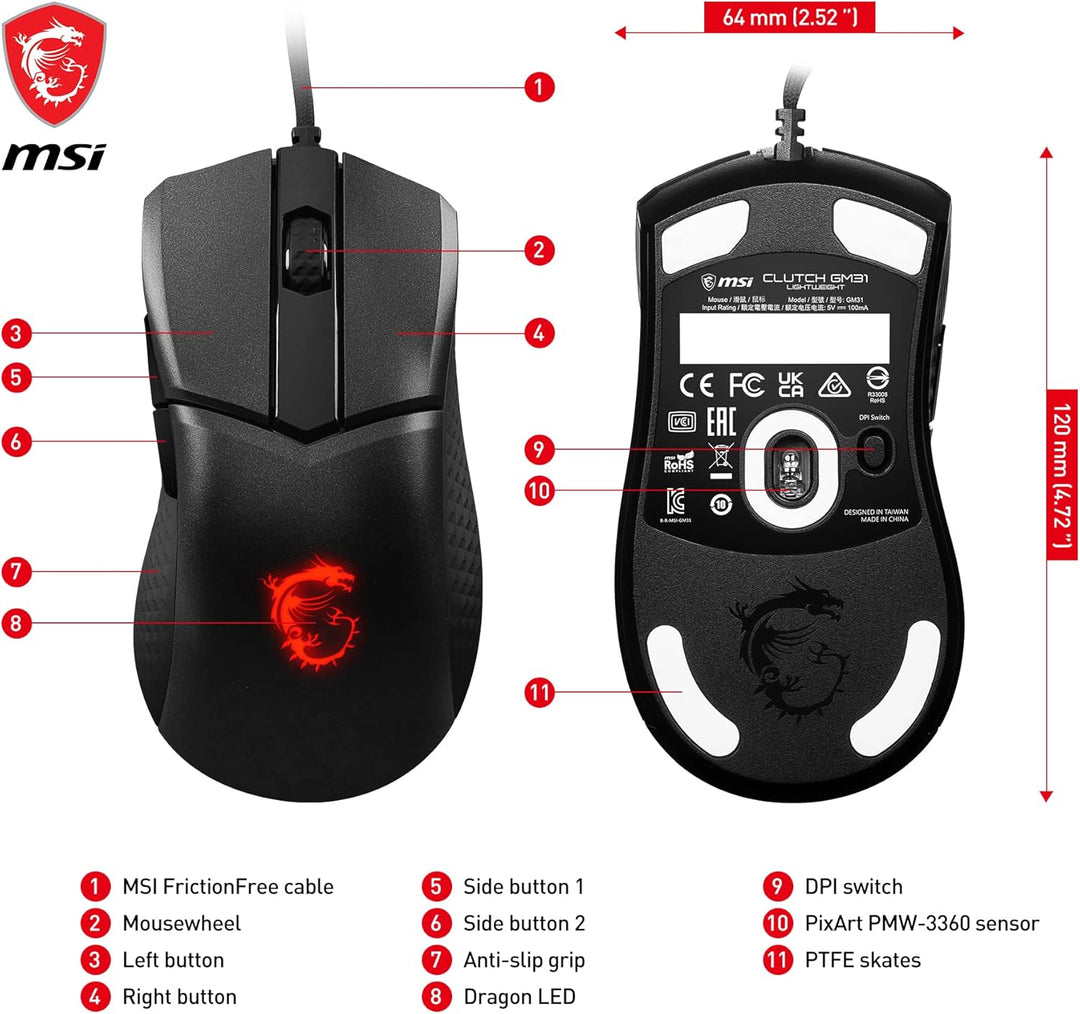 MSI Clutch GM31 Lightweight Gaming Maus - 12.000 DPI Optischer Sensor, Rechtshänder, 60M+ Click OMRO