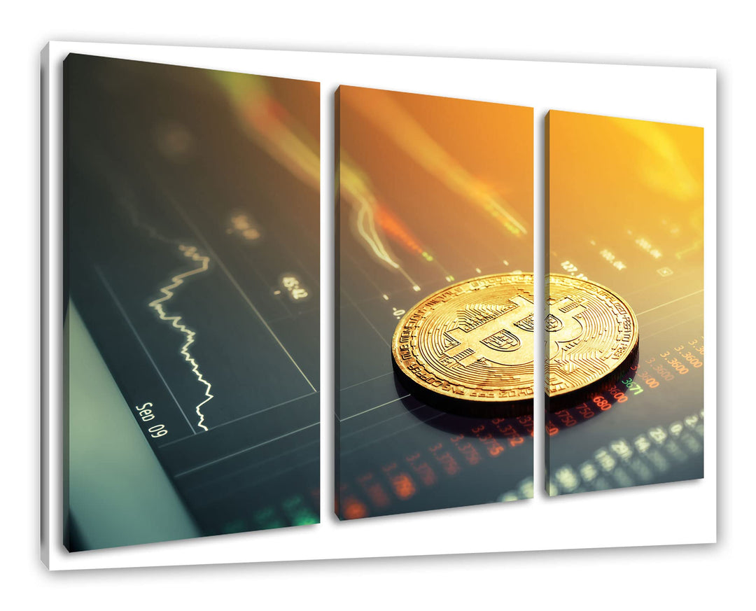 Bitcoin BTC Aktienmarktals Leinwandbild 3 teilig | Grösse: 120x80 cm | Wandbild | Kunstdruck | ferti