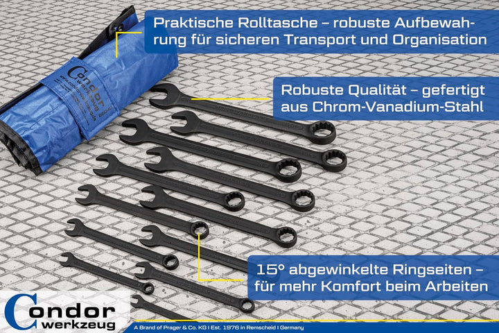 CONDOR Werkzeug 55040 | Gabel-Ringschlüssel-Satz | 12-tlg. | zöllig | 1/4" - 15/16" | Chrom-Vanadium