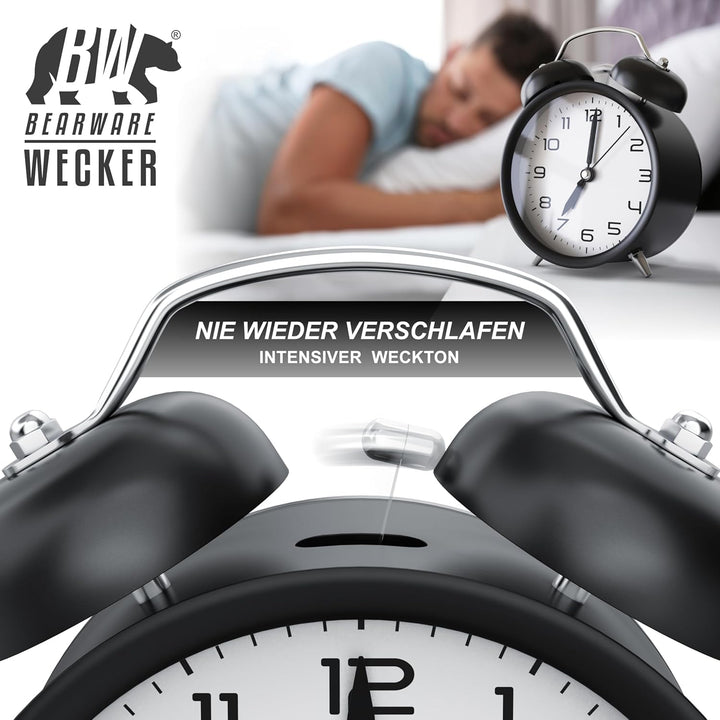 CSL - Wecker analog ohne Ticken mit Licht - LED Beleuchtung - rund - Retro Design - Glockenalarm - s