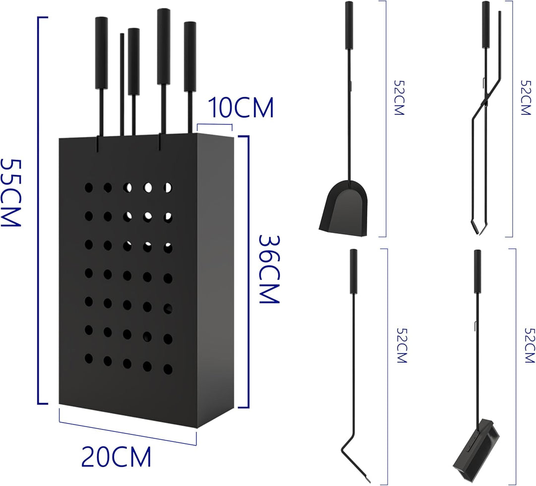 Kingson Kaminbegleiter-Set aus schwarzem Eisen mit rechteckigem Ascheeimer - 4 Aufhängewerkzeuge (Sc