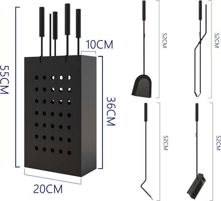 Kingson Kaminbegleiter-Set aus schwarzem Eisen mit rechteckigem Ascheeimer - 4 Aufhängewerkzeuge (Sc