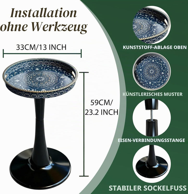 Eleganter runder Beistelltisch – 33 cm künstlerisch gemusterter Getränketisch mit glänzender Tablett