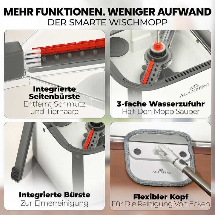 Wischmopp Set mit Eimer Gen 2, Bodenwischer mit 360°-Selbstauswring-Flachwischer, Doppelkammer-Syste