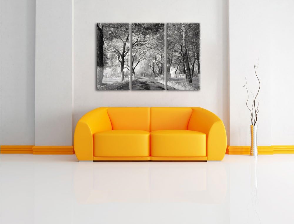 Pixxprint Baumallee im Winter Kohle Zeichnung Effekt 3-Teiler Leinwandbild 120x80 Bild auf Leinwand