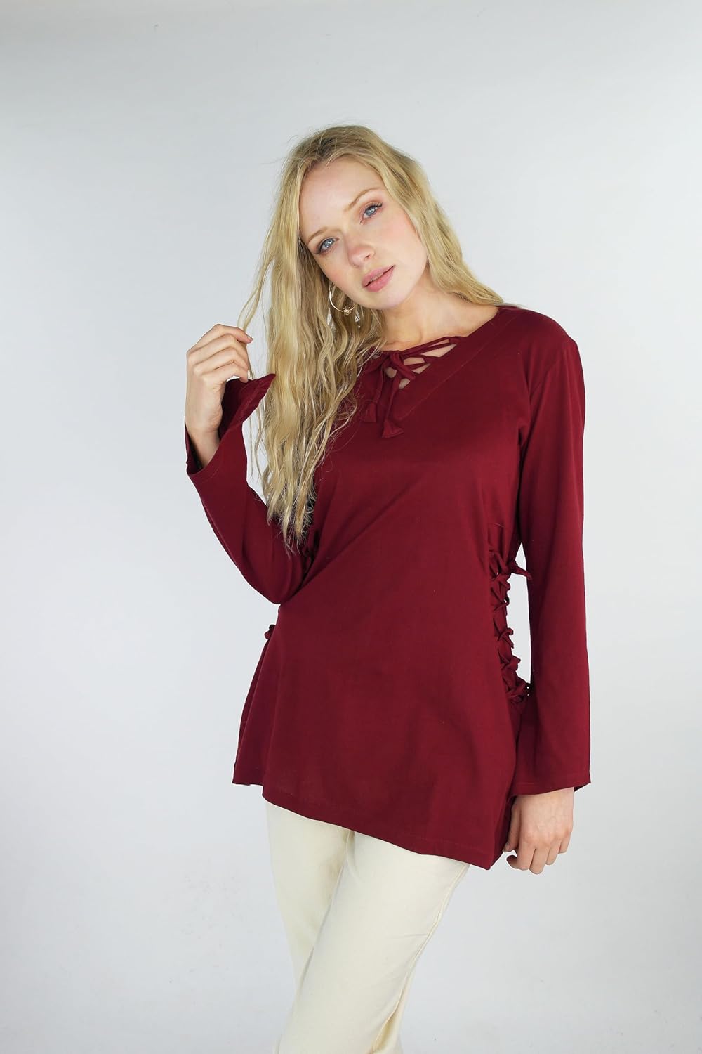 Leonardo Carbone Mittelalter Damen Bluse Lea mit Zipfelkapuze Schnürung Baumwolle rot - XXL