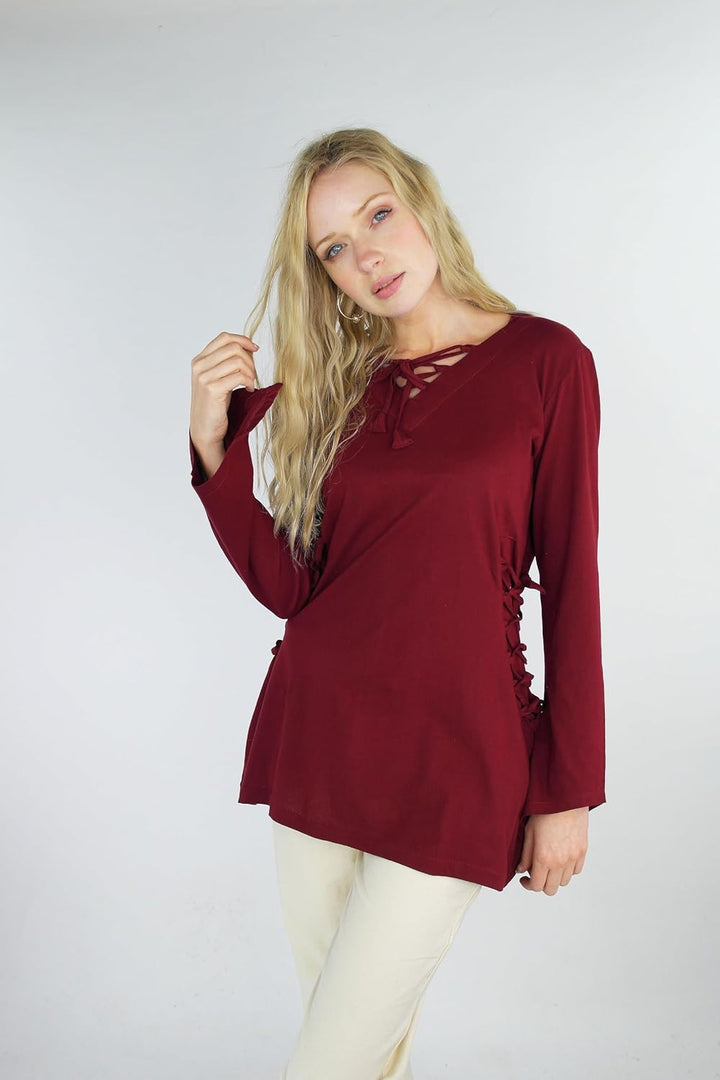 Leonardo Carbone Mittelalter Damen Bluse Lea mit Zipfelkapuze Schnürung Baumwolle rot - XXL