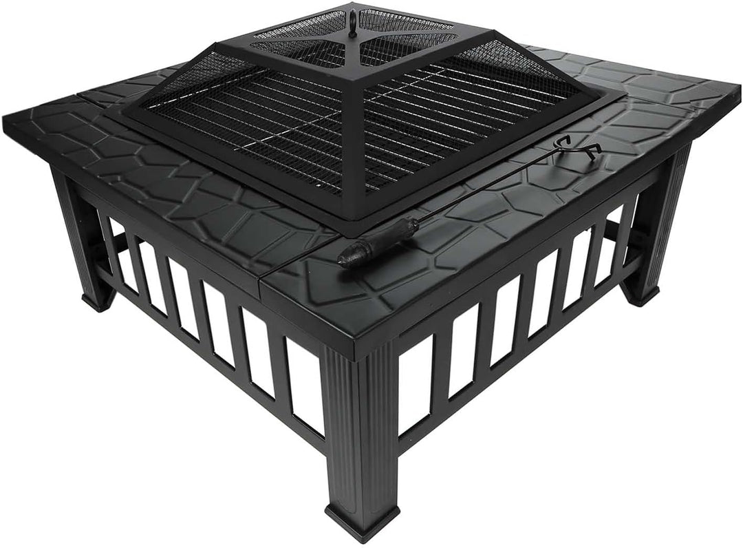 Feuerstelle für Terrasse und Garten in dekorativer Steinoptik, Terrassenofen und Grill mit Grillrost