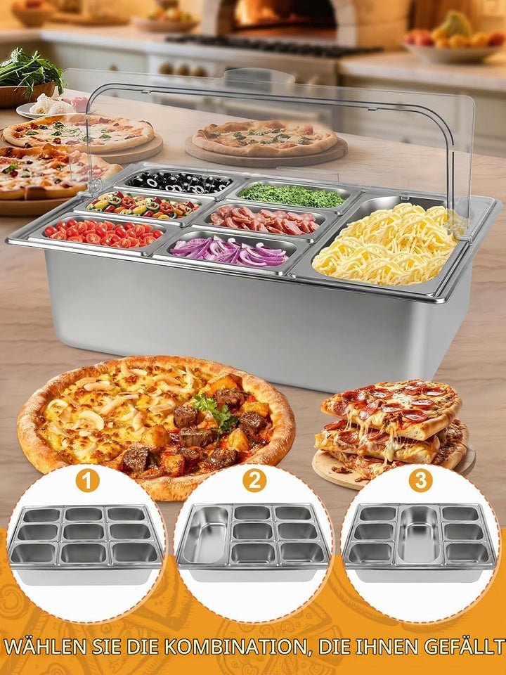 TOROKOM 10 Pfannen Edelstahl Zutatenbehälter Gewürz Organizer aus Edelstahl Salatbar Buffet Station