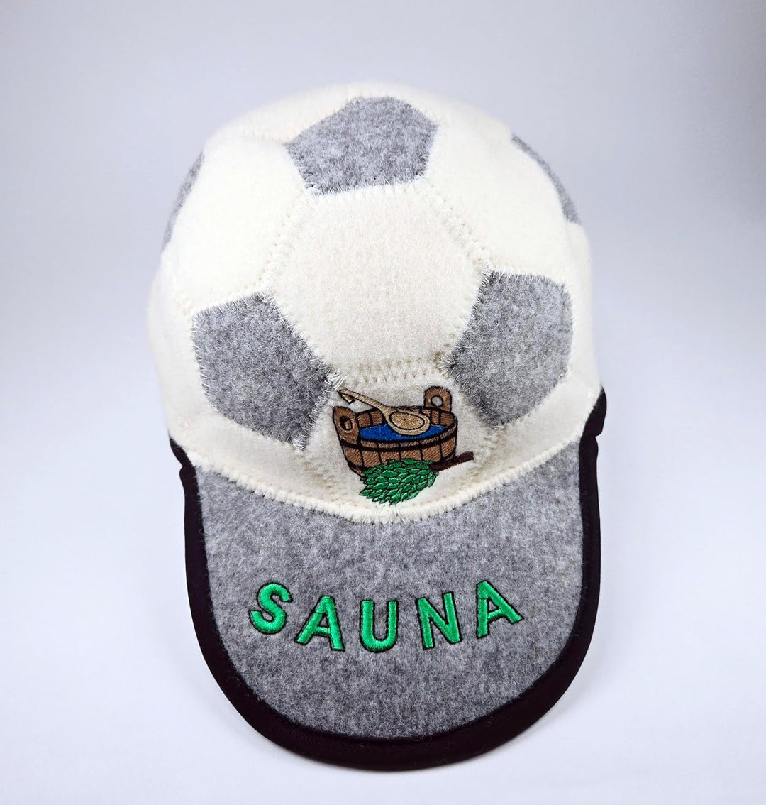 Sauna Mütze Saunahut aus 100% Wolle Organische Wollfilzmützen Fussballform, 6mm Dick, Grau-Weiss
