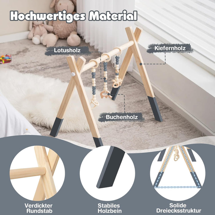 COSTWAY Baby Spielbogen Holz, Spieltrapez klappbar, Baby Gym mit 3 abnehmbaren Kinderspielzeugen, Sp