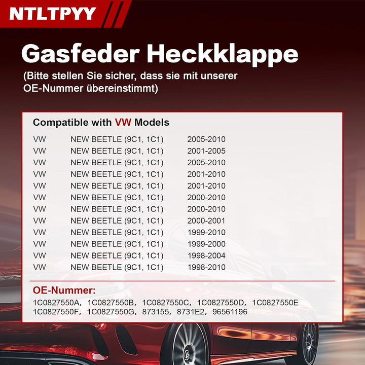 2pcs Gasdruckfeder kompatibel mit VW New Beetle 1998-2010, Exakte 330N Heckklappendämpfer für sanfte
