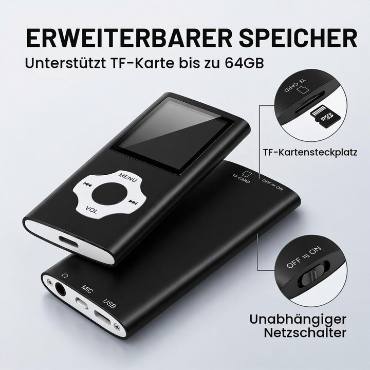 MP3 Player 32GB mit MicroSD Karte, Tragbarer MP4 Musik Player mit 1,8 Zoll Farbdisplay, HiFi Musikpl