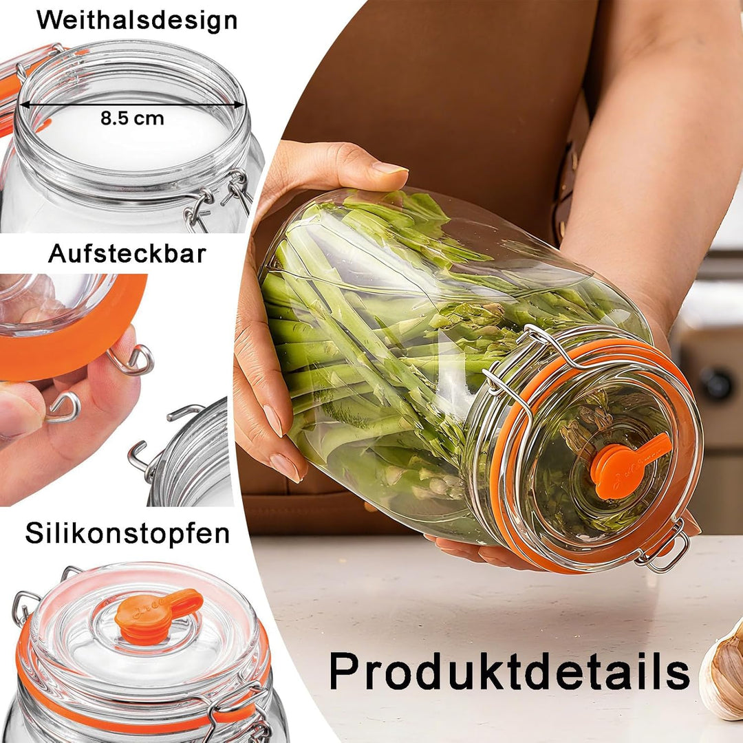 2 Stück 1,5L Gärglas, Fermentationsglas mit Gärventi und Gewicht, Fermentiergläser mit Luftschleusen