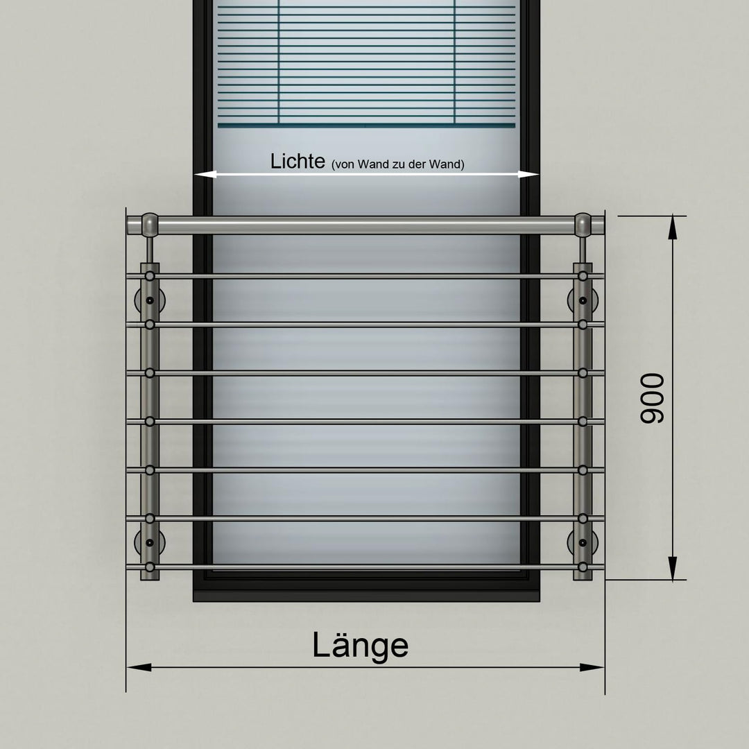Edelstahl V2A Französischer Balkon, Querstabgeländer, Aussenbefestigung mit Handlauf. Verschiedene G