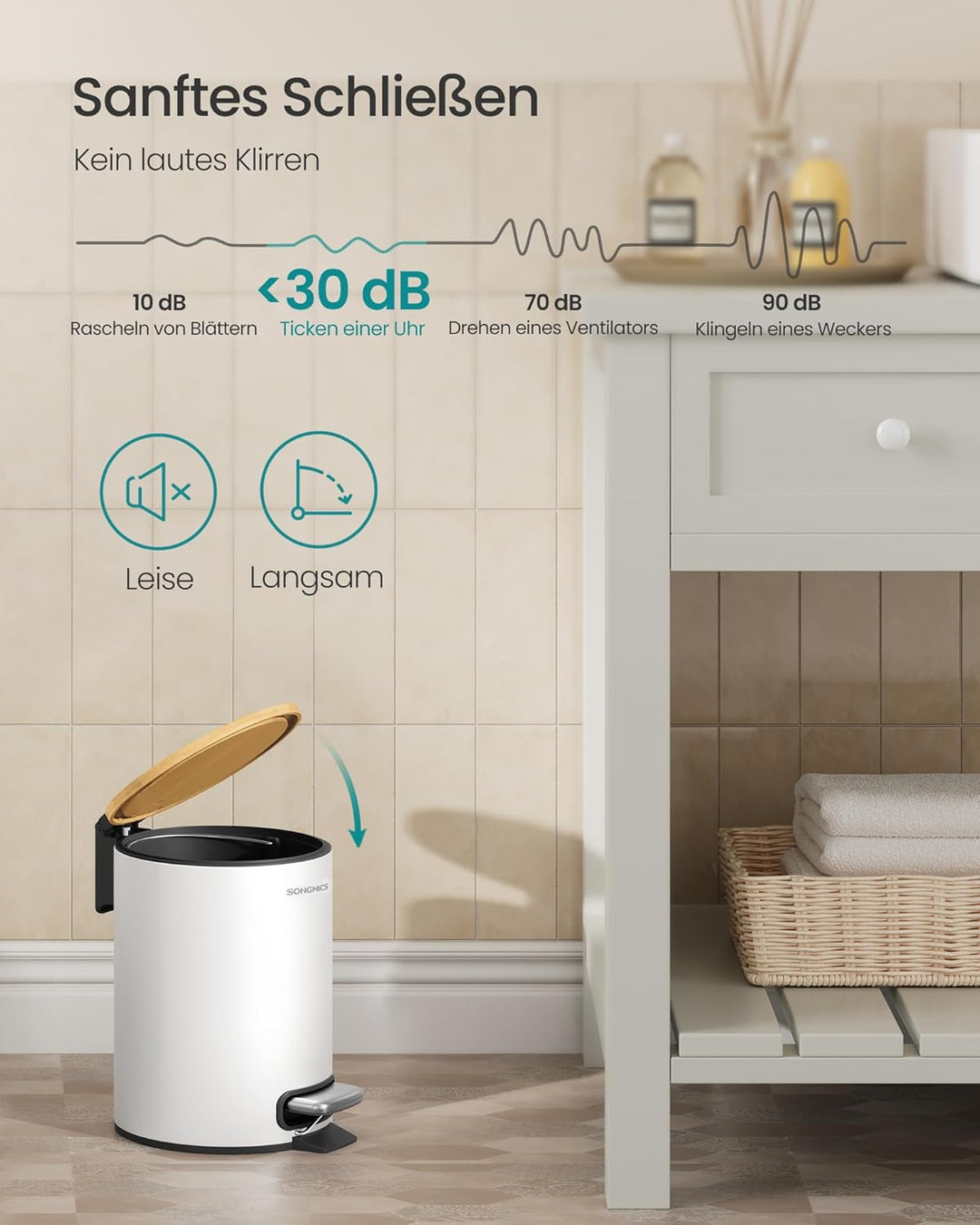 SONGMICS Kosmetikeimer, Mülleimer Bad, mit Deckel aus Bambus, Tretmülleimer mit Metallpedal, Innenei