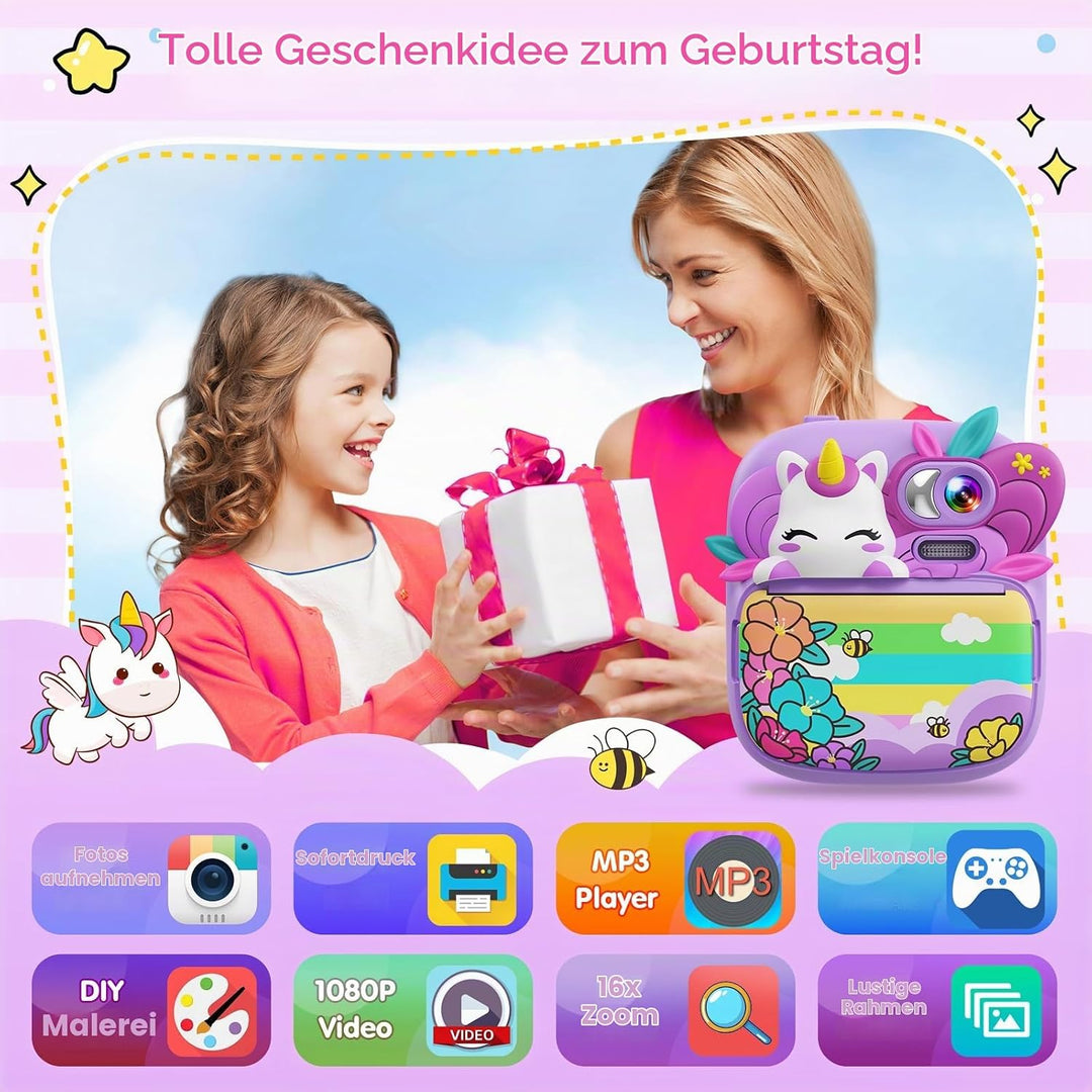 TIATUA Kinderkamera Sofortbildkamera, 1080P 2,4 Zoll Sofortbildkamera Kinder mit 32G Karte und 3 Rol