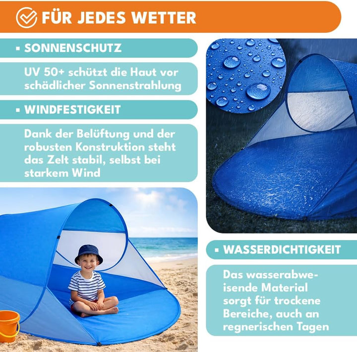KRUMAD Strandmuschel Pop Up 200 x 120 x 85 cm, Grosses Strandzelt für Baby und Erwachsene, Selbstauf