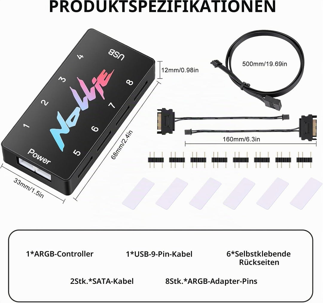 8-Port Signal RGB Controller – SATA-gespeister ARGB-Controller PC-Beleuchtungs-Hub, 5V 3PIN ARGB-Spl