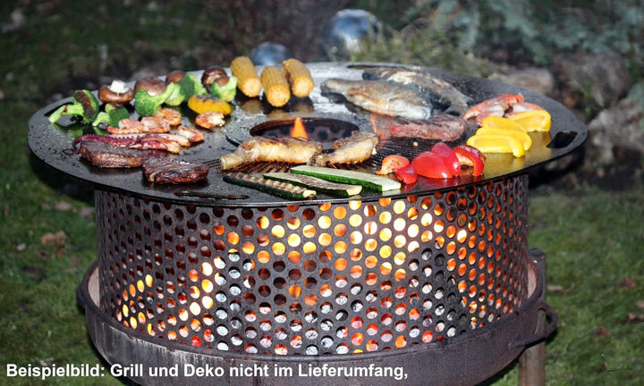 Premium Feuerplatte 100 cm - 5mm dick - Grillring & BBQ-Platte (mit Feinem Grillrost) & 4 Handgriffe
