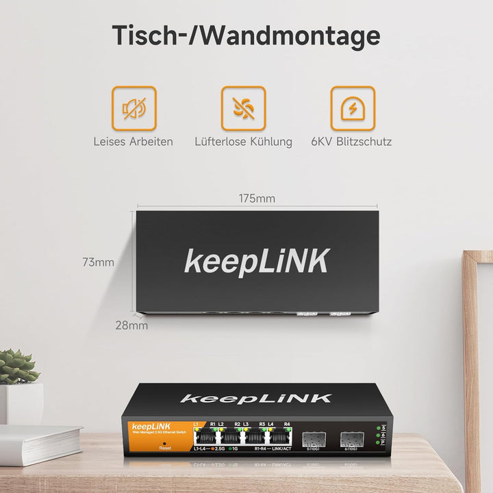 6 Port 2.5G Switch Smart Web Managed, 4 x 2.5G Base-T Ports, 2 x 10G SFP+ Slots, Support Static Link